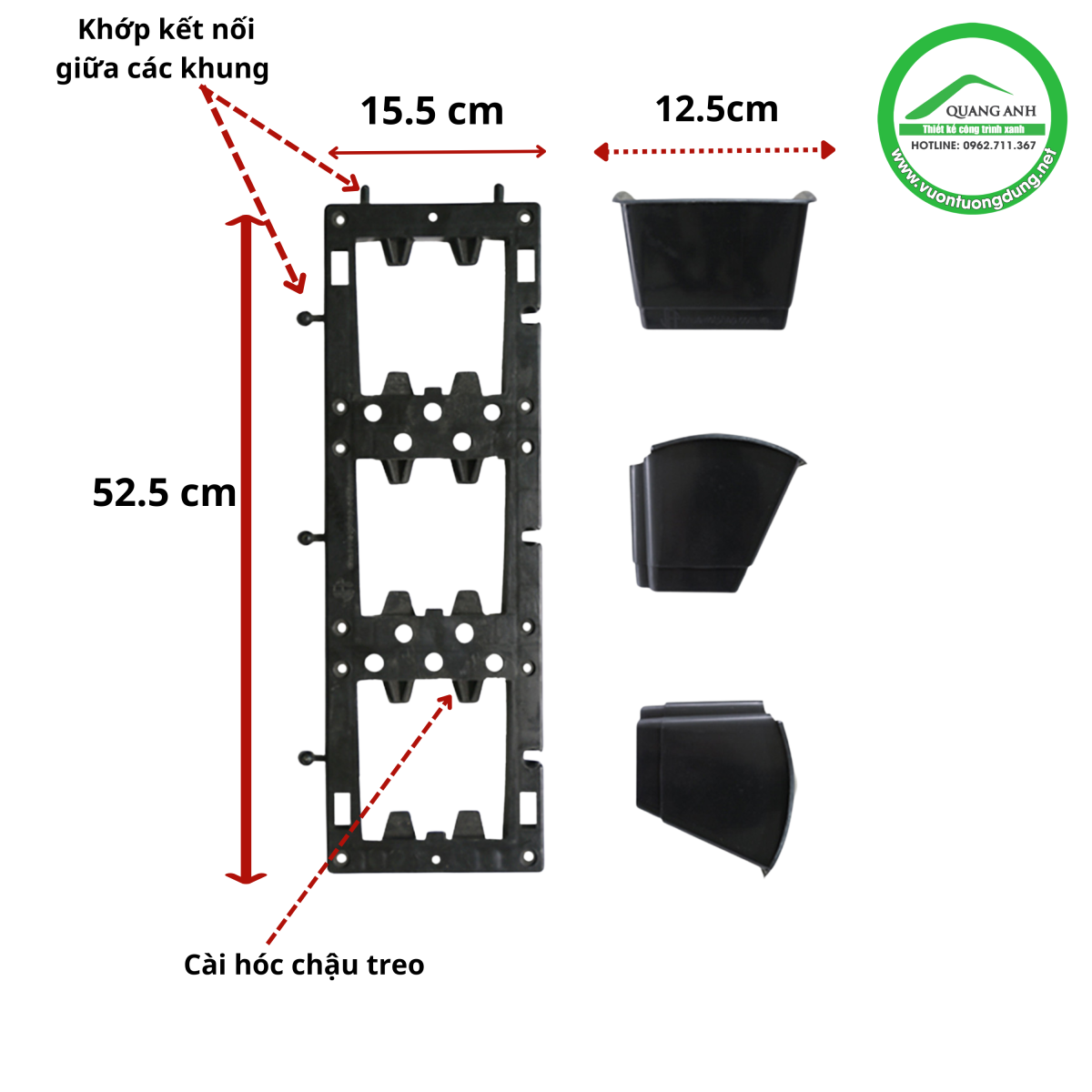 kích thước khung chậu module vườn tường đứng