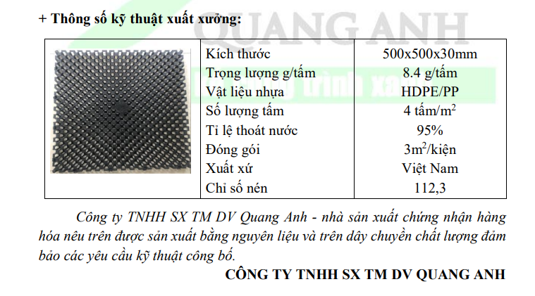 thông số kĩ thuật vỉ thoát nước 500