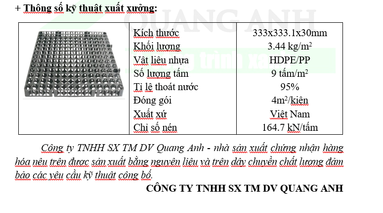 thông số kĩ thuật vỉ thoát nước 333